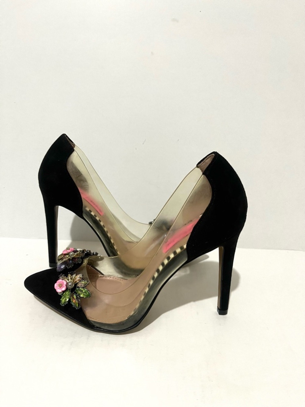 Betsey Johnson Black Pointed Toe Clear-Sided Floral Jewel Heels